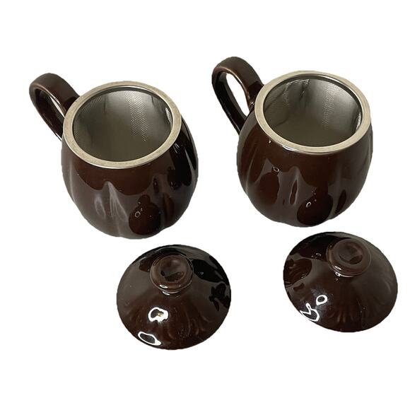 Set Of Teavana Brown Porcelain Lidded Tea Mug Cups w/Strainers NEW -2 Piece Set - Picture 5 of 13